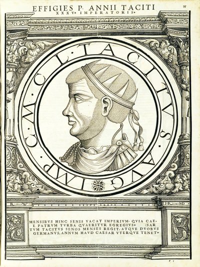 Tácito, ilustración de Imperatorum romanorum omnium orientalium et occidentalium verissimae imagines ex antiquis numismatis, 1559 de Hans Rudolf Manuel Deutsch